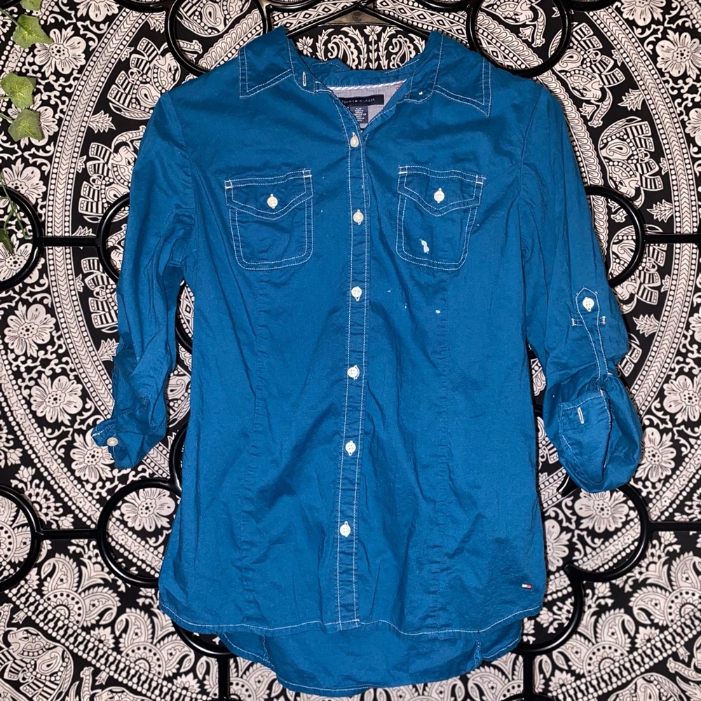 Teal Tommy Hilfiger women’s button up with white contrast stitching